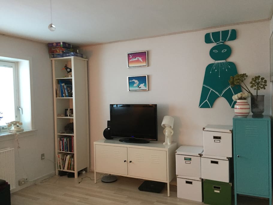 Living room with local artwork and plenty of Dvd's to choose from