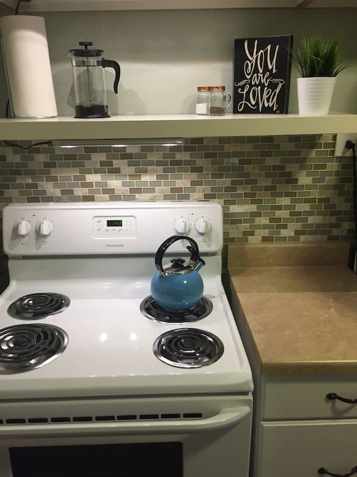 Tea Kettle and French Press are provided.
