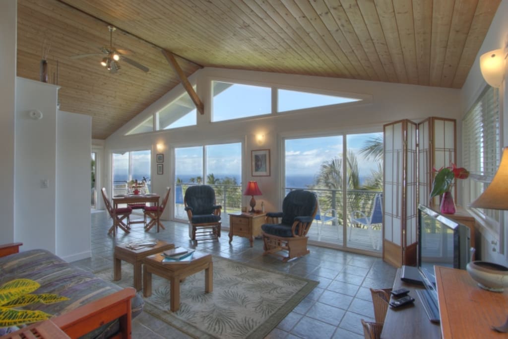 The living room has three 8ft sliding glass doors, so you can be inside and still enjoy the outside!