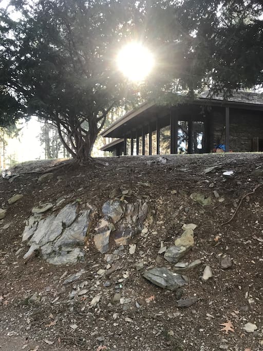 The home represents classic Usonian architecture and sits atop a nature bluff with slate outcropping.