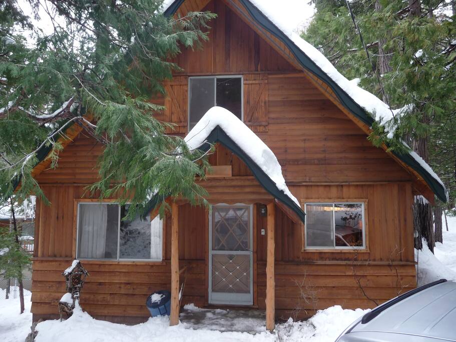 Front of cabin in snow