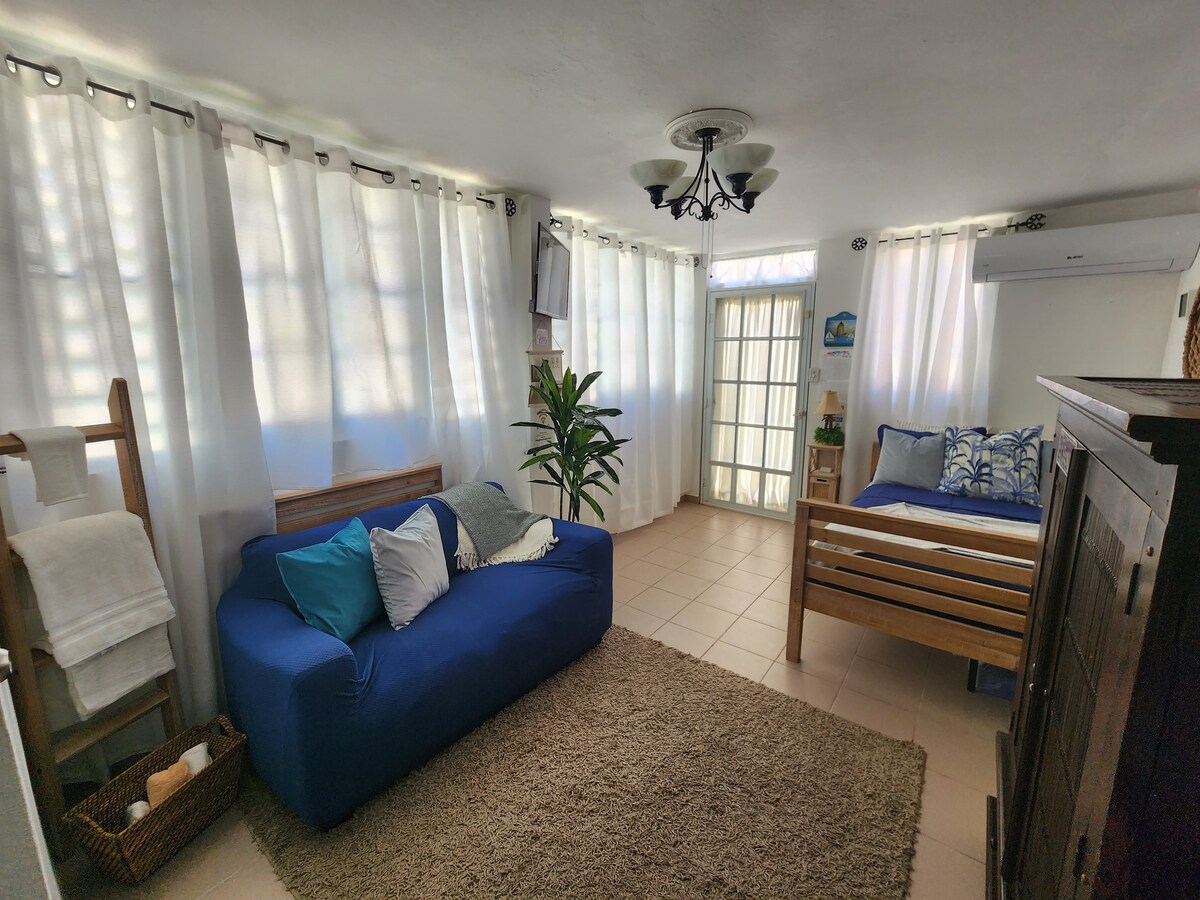 A bright studio apartment features large, sheer-curtained windows allowing ample natural light. A blue sofa with decorative pillows complements a wooden bed frame adorned with vibrant bedding. A green potted plant adds a touch of nature, while a soft rug covers the tiled floor.