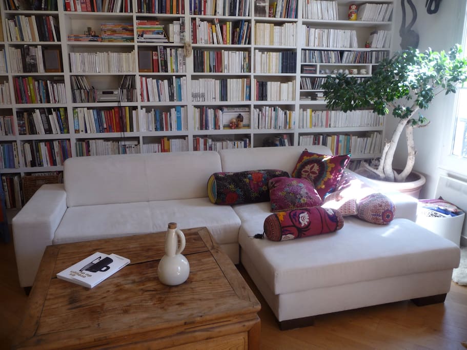 Livingroom on courtyard. double living room, bright, calm and spacious, providing a dining space (with table and 4 chairs) . Decorative fire place, comfortable sofa, and a huge library wall with music and cd