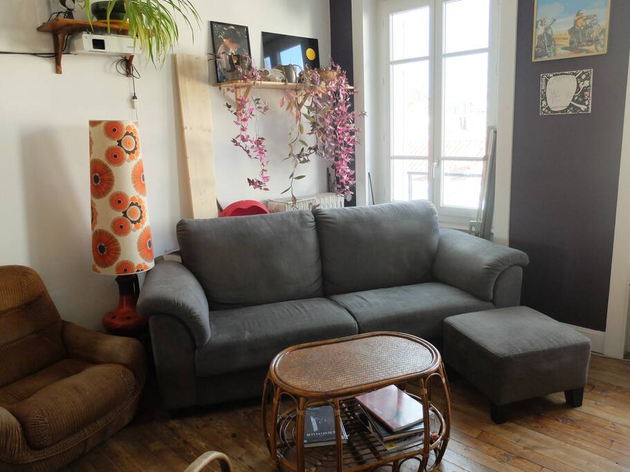 salon confortable - videoprojecteur sur lecteur DVD ou connecté à un ordinateur