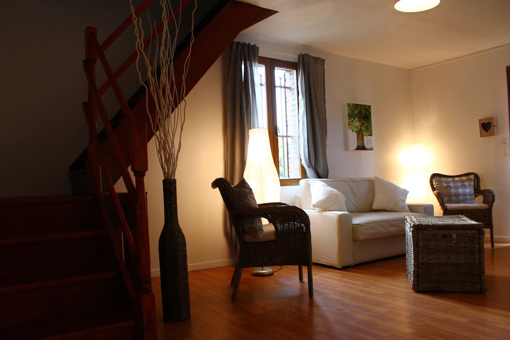 Un séjour cosy avec canapé-lit et cheminée.