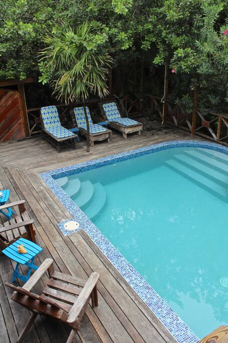 View from second floor balcony to the very private hotel sized pool.