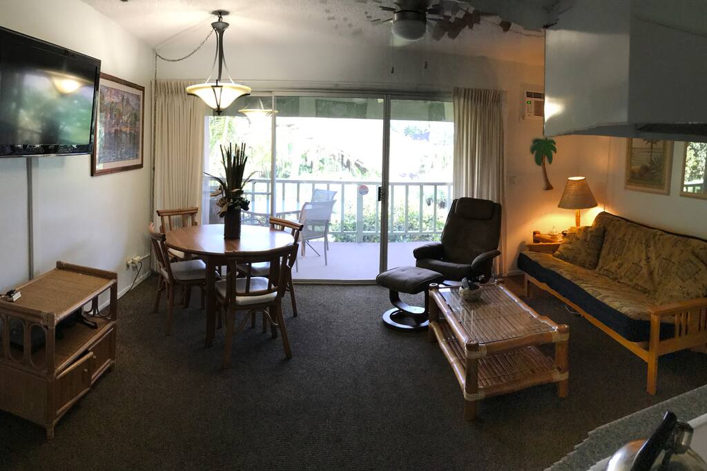 Living space. Futon couch folds out to a very comfortable double mattress that sleeps two.
