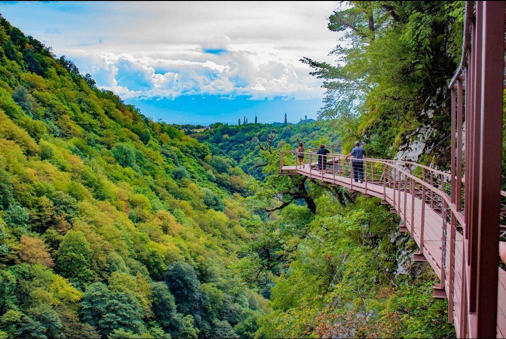 A wooden walkway extends over a deep ravine, surrounded by lush green foliage. Visitors are seen on the path, which offers expansive views of the valley below, accented by a bright sky and distant trees set against a backdrop of gently rolling hills.