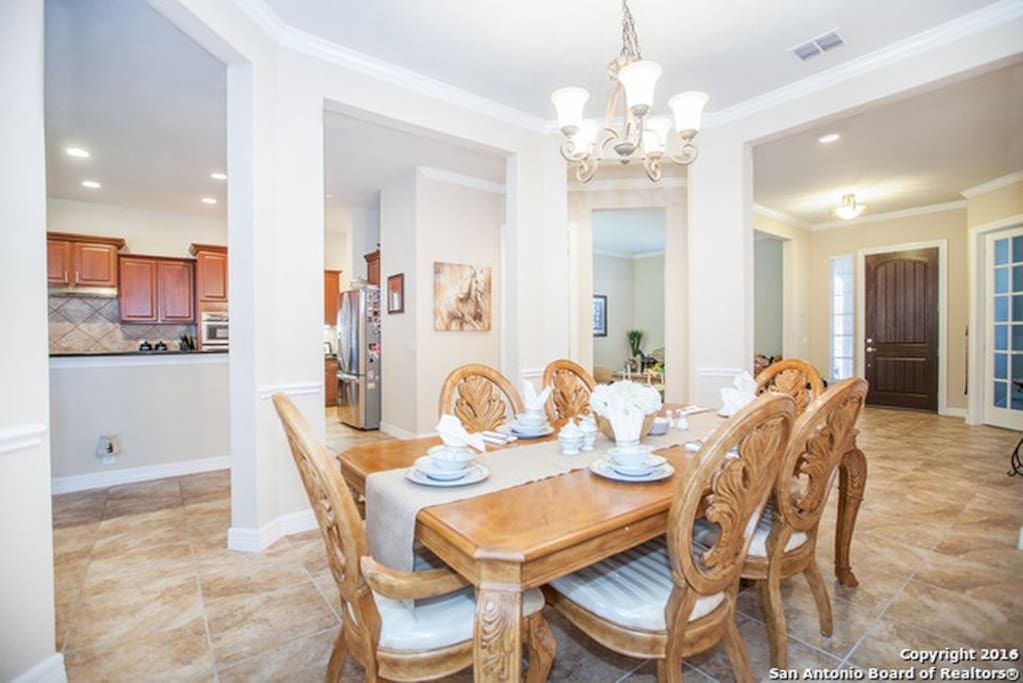 Dinner table fits six, there is a dinette table that fits 2 and a high chair available for kids.