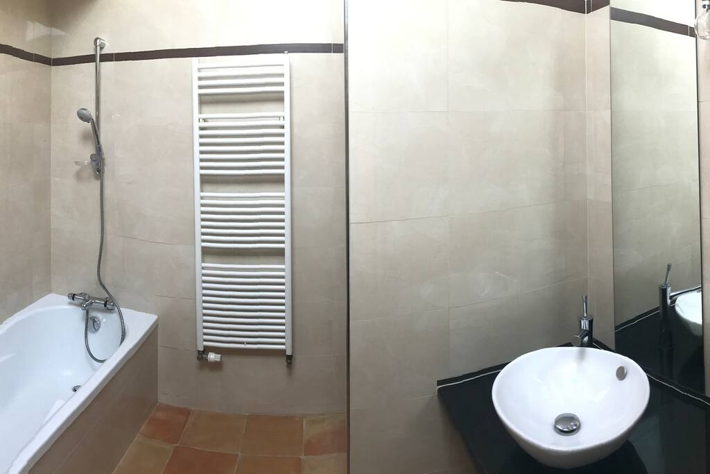 Grande SDB avec douche et baignoire.