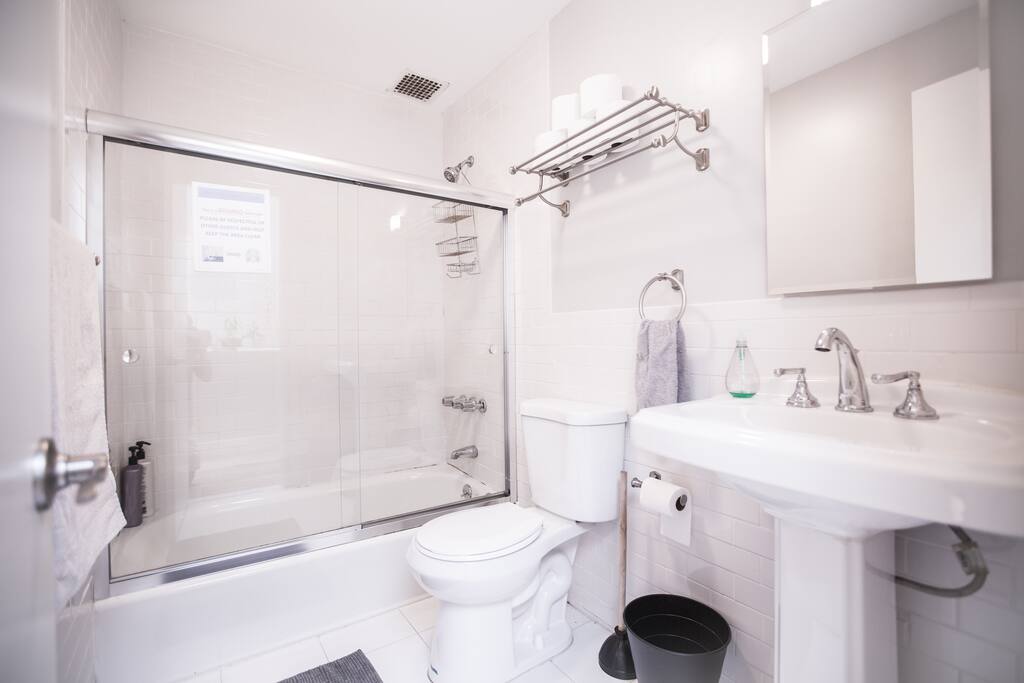 This bathroom is newly remodeled, clean, and spacious. Only thing lacking is a gold toilet.