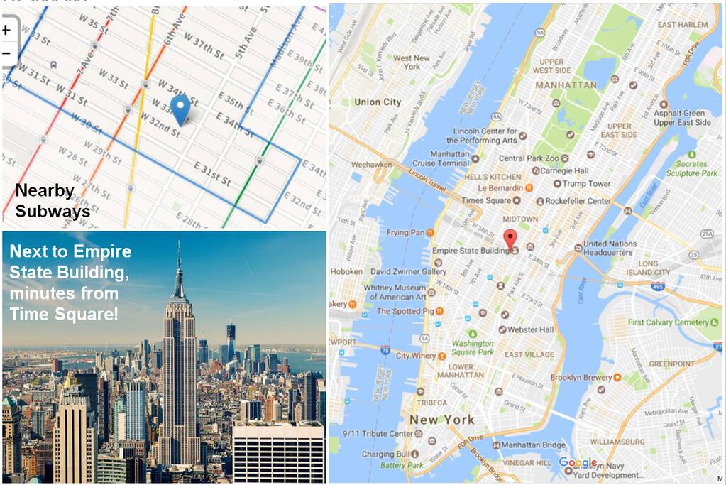 Steps to majority of subways, one of the most central locations in all of Manhattan (next to Empire State Building)!