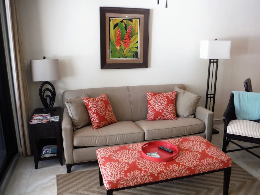 Pullout queen sized sofa bed in living room area with very comfortable memory foam mattress.