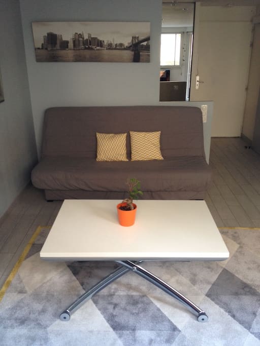 Canapé lit confortable et table basse amovible.
