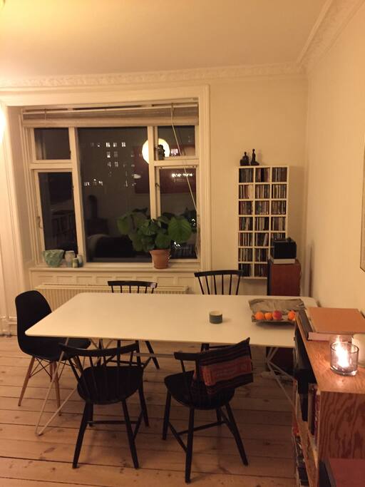Dinner table in the living room.