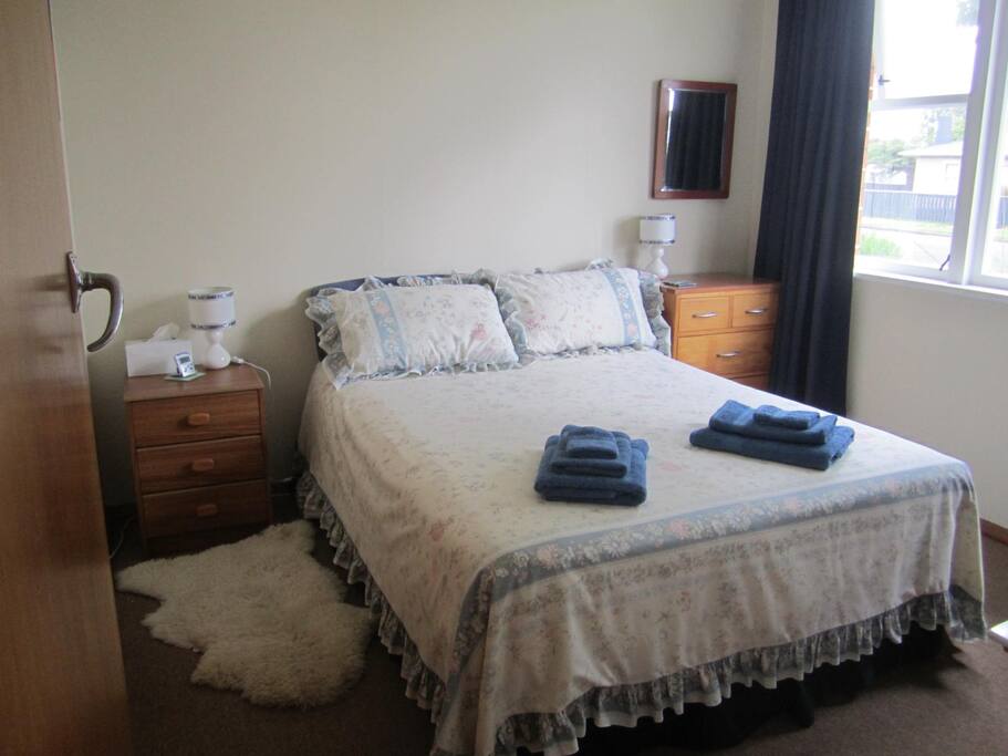 Double Bed, desk, wardrobe.