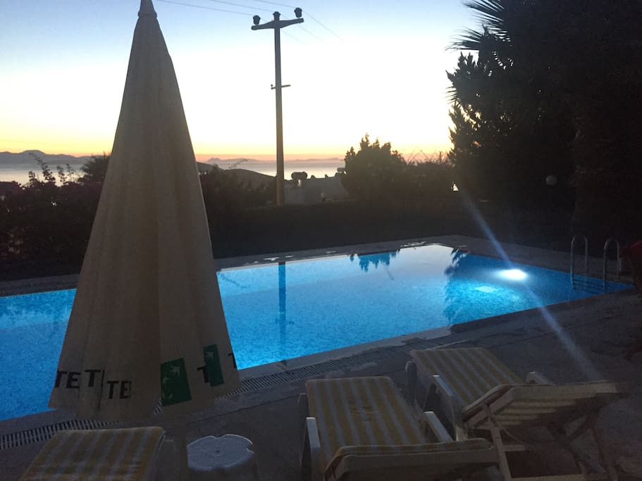 The pool side view at sunset
