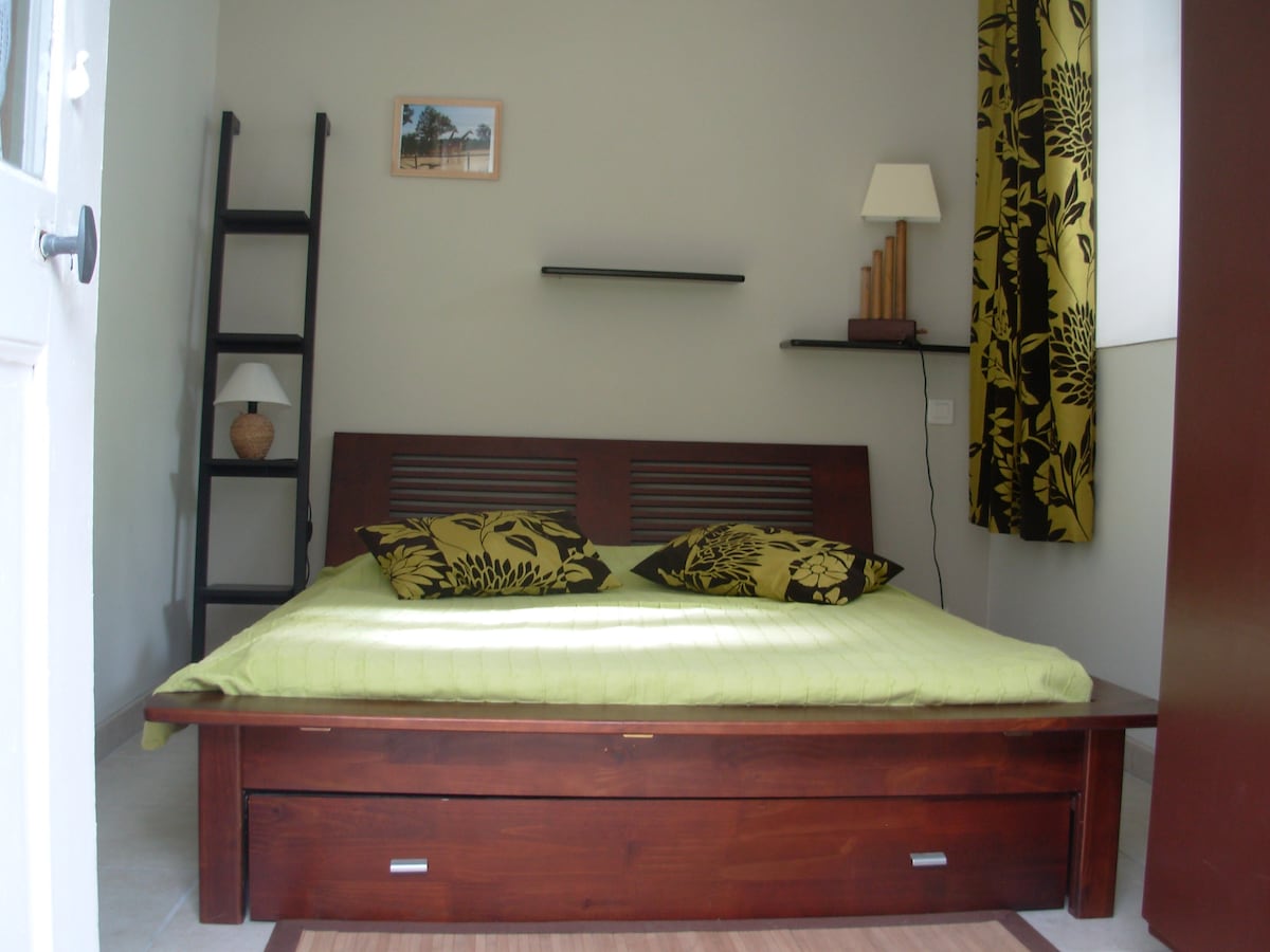 A sleeping area features a wooden bed with a green bedspread and decorative pillows. A small nightstand with a lamp is positioned beside the bed. A ladder shelf and a wall-mounted shelf are seen, with floral-patterned curtains allowing natural light to filter in.