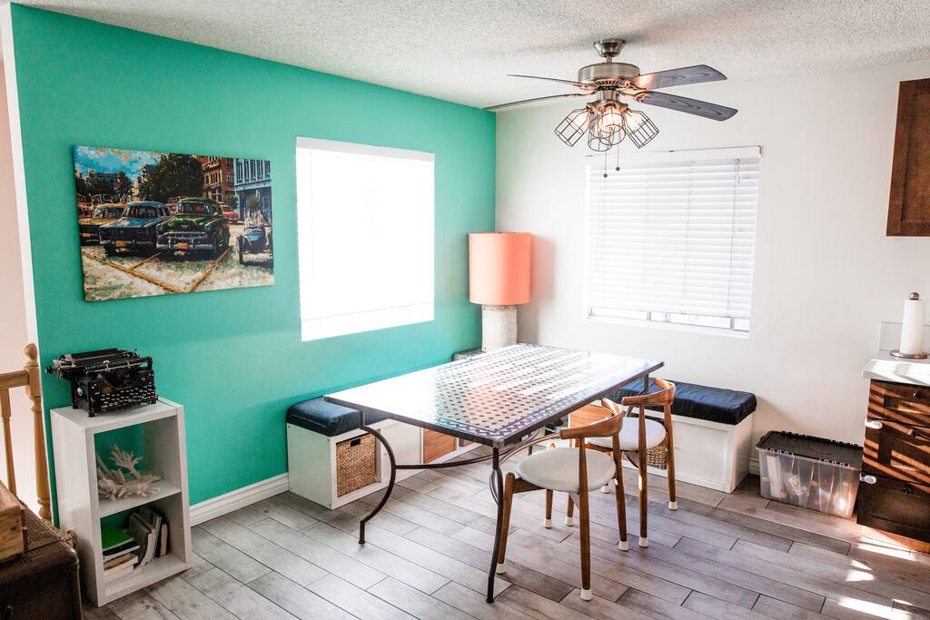 Plenty of seating at the dining room table.