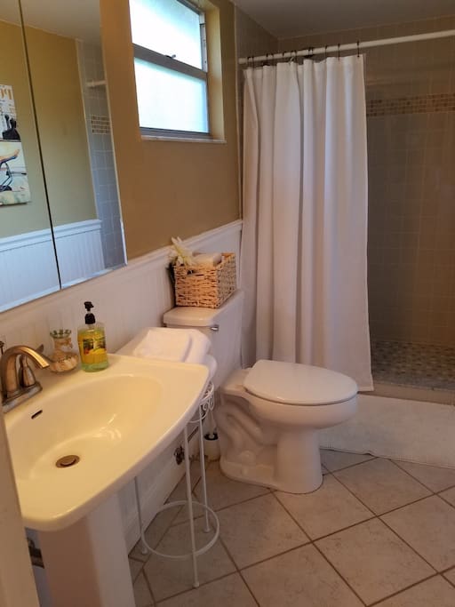 Private guest bathroom with shower off dinning room
