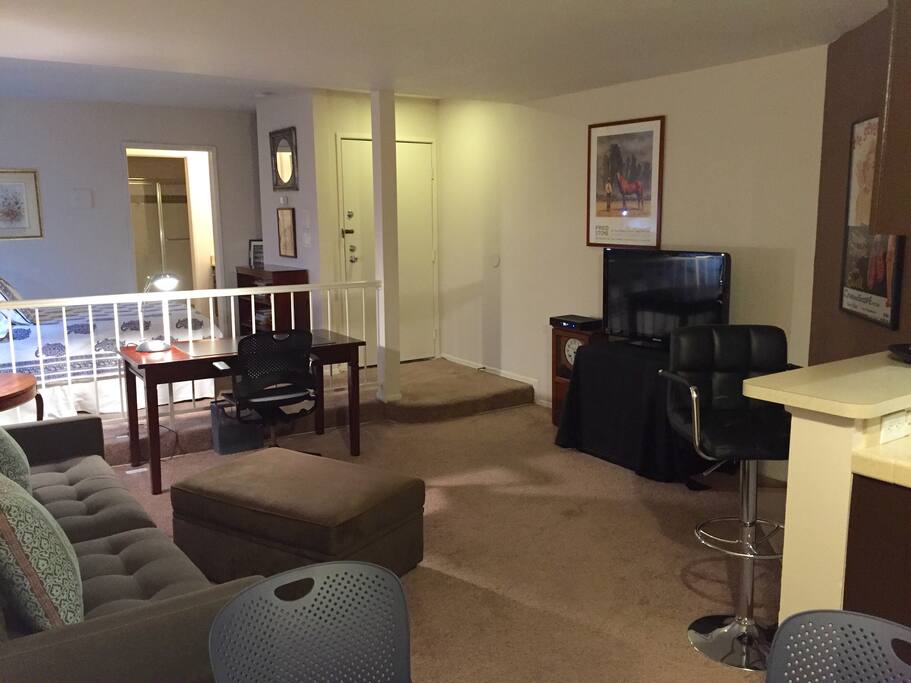 View of living room and separate
semi-private sleeping area (the bedroom) that accommodates a new queen size Sleep Number Bed.
