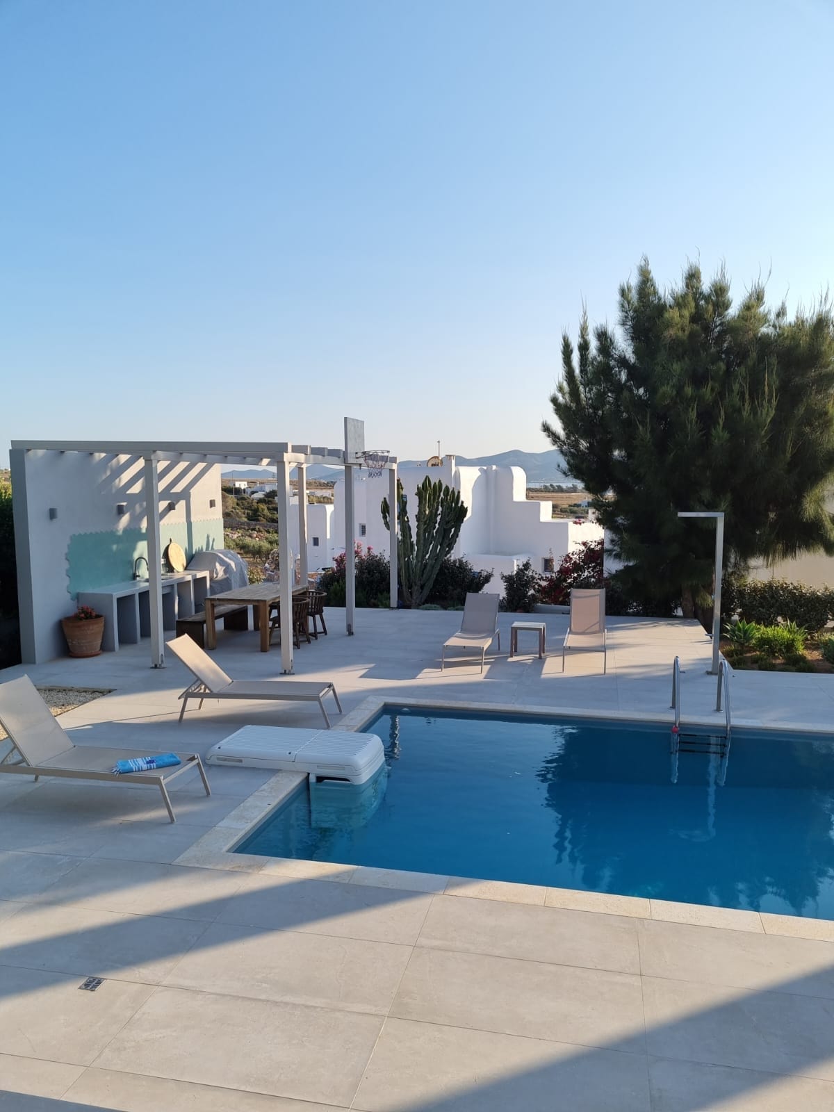 A swimming pool is situated in a sunlit area, surrounded by landscaped greenery. Lounge chairs are arranged on the deck, providing space for relaxation. A shaded outdoor dining area is visible in the background, enhancing the outdoor living experience.