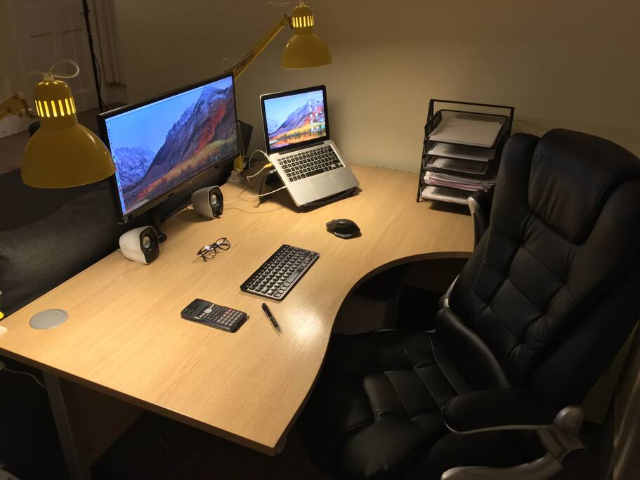 L-Shaped desk with ultrawide monitor. (laptop, keyboard and mouse are not included)