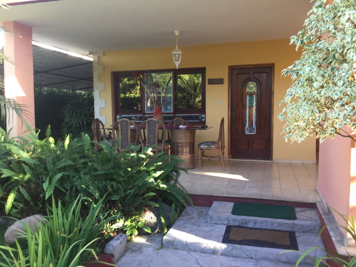 An inviting entrance features a stone pathway leading to a covered patio adorned with greenery. A wooden table and chairs are positioned by a large window, allowing natural light to illuminate the space. Lush plants surround the area, contributing to a serene ambiance.
