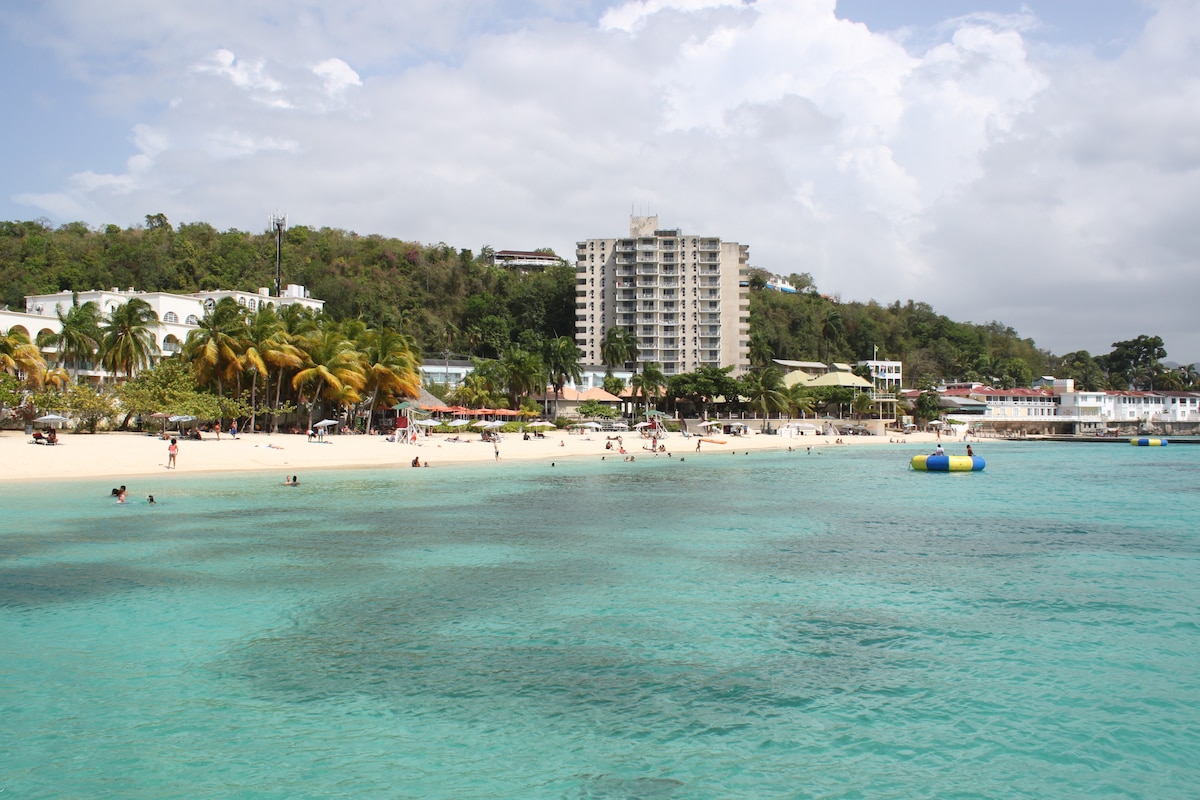 A scenic view showcases a sandy beach with clear turquoise waters. People can be seen enjoying the beach, while palm trees and buildings line the shore, creating a lively coastal atmosphere. The sky is partly cloudy, complementing the vibrant colors below.