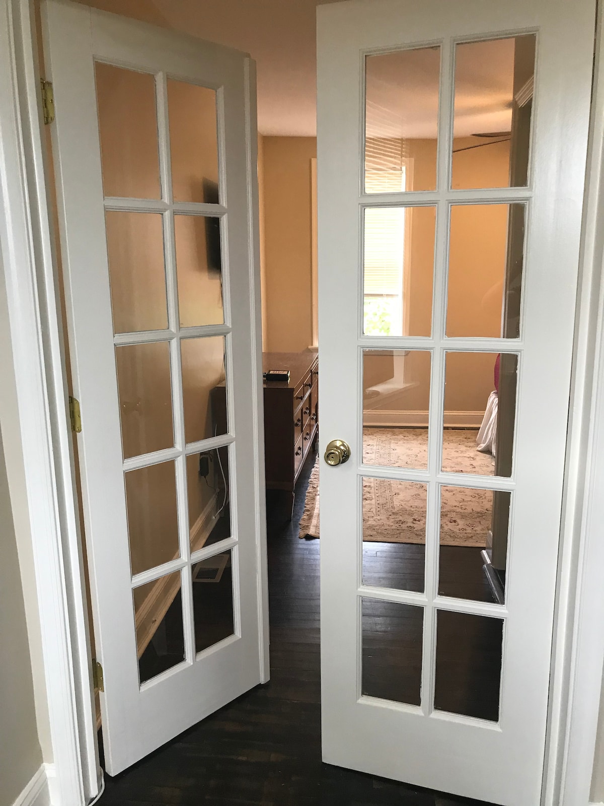 Two glass-panel French doors are positioned slightly ajar, leading into a softly lit room. The doors feature multiple rectangular panes that allow light to flow through, illuminating the dark wooden flooring and hinting at the warm interior beyond.