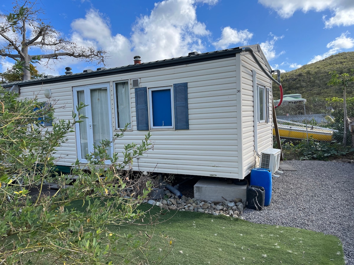 A mobile home is situated in a serene outdoor setting, with light-colored siding and blue shutters. The entrance features a door with glass panels. Surrounding greenery includes low shrubs and small rocks, with a gravel area leading to the home. A hint of the landscape is visible in the background.
