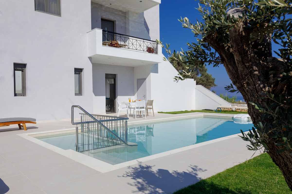 An outdoor private swimming pool is set against a minimalist white exterior. The pool features a shallow entry and is bordered by a grassy area with olive trees. A small dining table for four, under the balcony, invites outdoor meals.