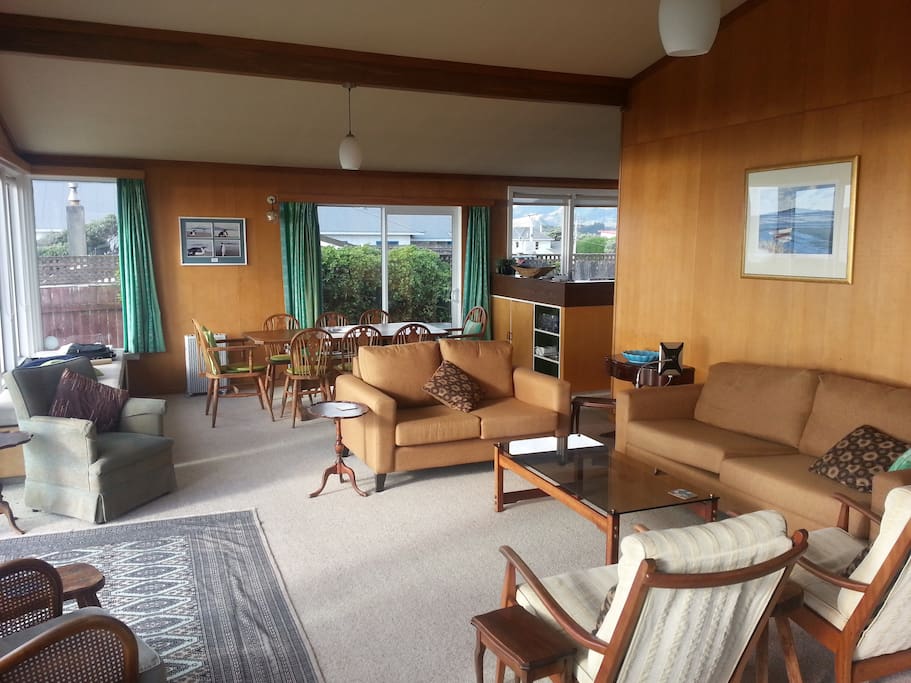 Dining area, kitchen on right