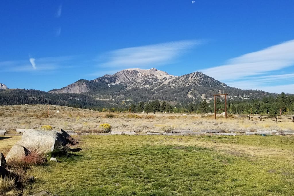 View of Mammoth Mountain from just steps outside the Lonsdale cabin at Sierra Meadows Ranch.