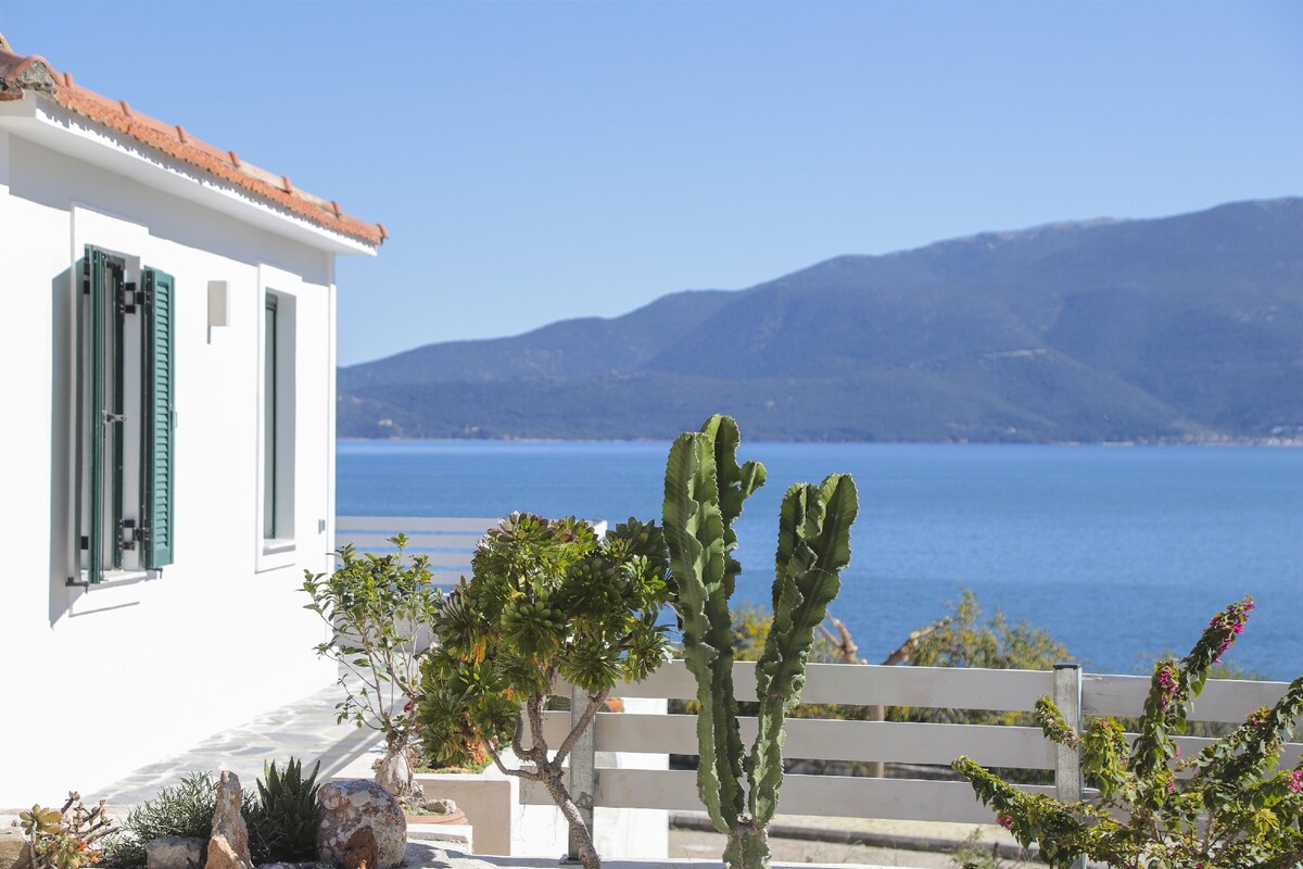 The image depicts a serene view of the sea from the property, with a cactus and flowering plants in the foreground. The white cottage with green shutters contrasts against the blue water and distant mountains, creating a peaceful coastal atmosphere.