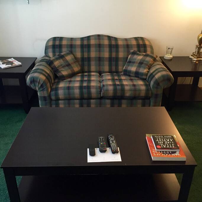 Sun-filled living room space, with Smart TV, Blu-Ray player, and plenty of books to read!
