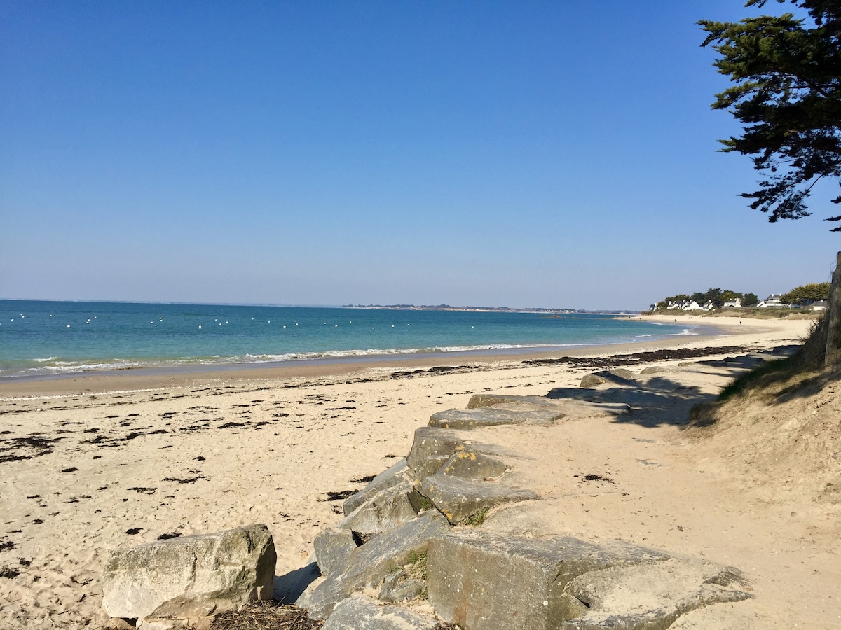 A sandy beach extends alongside clear blue waters, with gentle waves lapping at the shore. Rocks outline the beach, offering a natural border. The horizon reveals a peaceful coastal view, with a few distant buildings visible among the greenery.