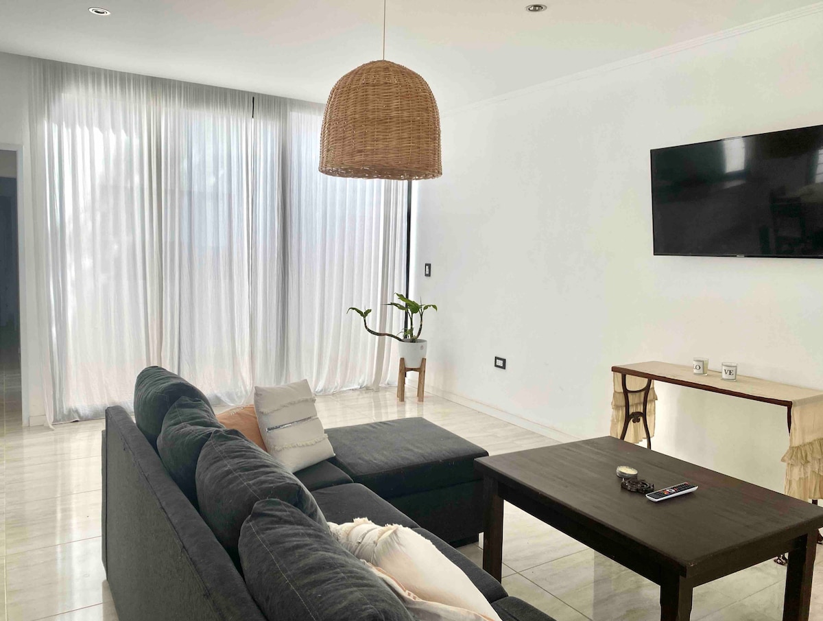 A spacious living area is presented, featuring a dark-colored sofa and a wooden coffee table. Floor-to-ceiling sheer curtains allow natural light to fill the room, while a large flat-screen television is mounted on the wall. A decorative plant adds a touch of greenery.