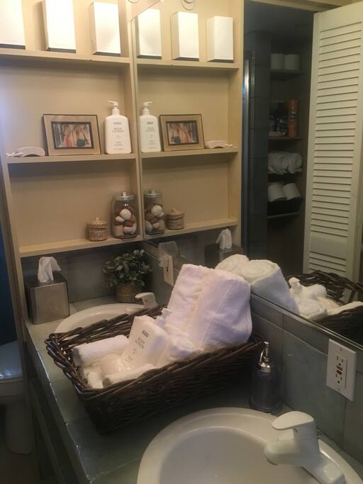 Newly remodeled shower. Guest towels, soap and shampoo, hair dryer, lotion provided.