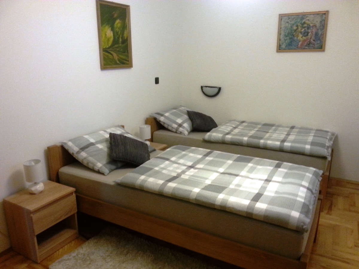 The room features two neatly arranged beds, covered with plaid bedding, alongside wooden nightstands. A small lamp is placed on each nightstand, and colorful artwork is displayed on the wall, adding a touch of character to the space.
