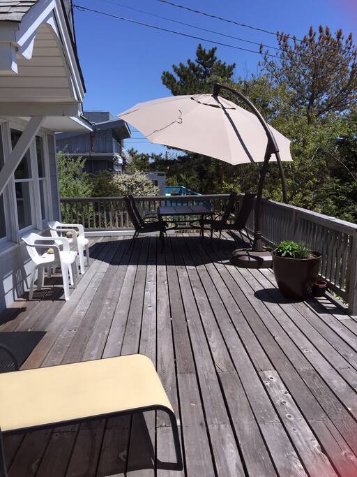Spacious deck with table, chairs, lounges, umbrella and outdoor shower