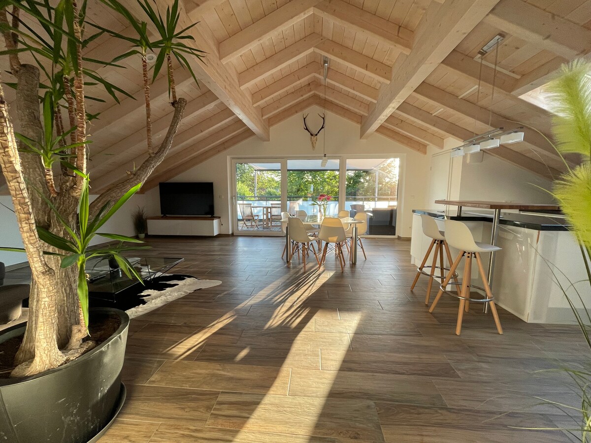 A spacious living area features high wooden ceilings and large glass doors that open to a terrace. Natural light fills the room, highlighting a dining table surrounded by chairs and a cozy seating area with plants. A television is positioned against one wall.