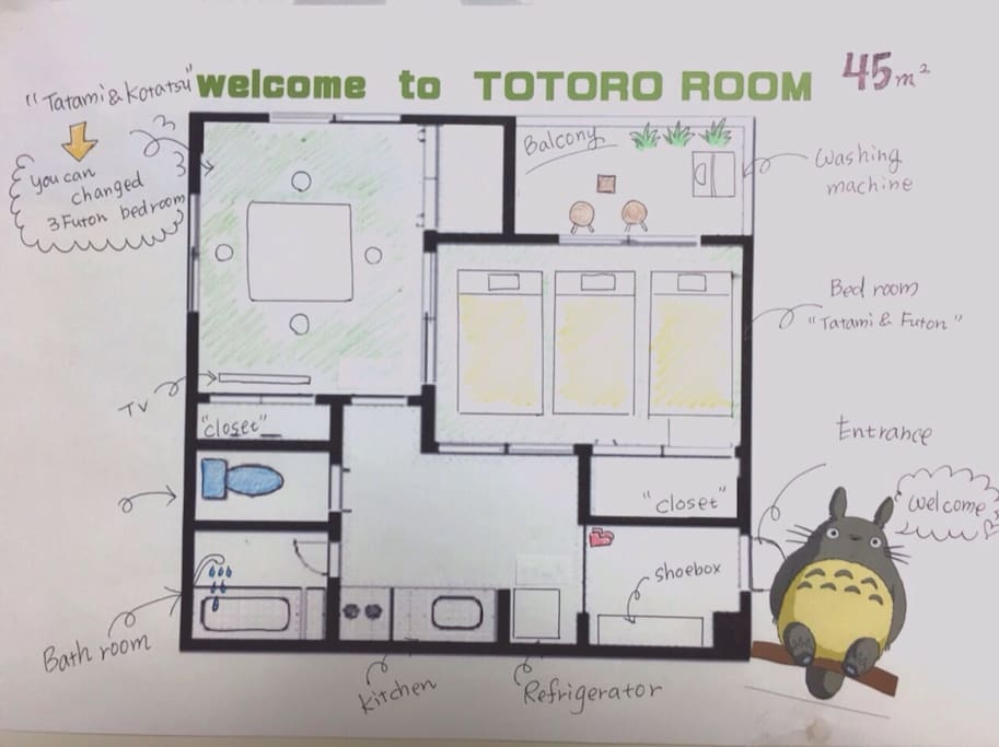 Big, 1bed room + 1kotatsu room(you can change bed room)+ 1 kitchen room
Totally 45㎡