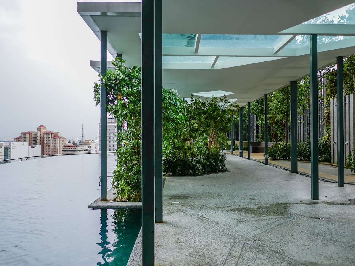 An outdoor area features a concrete pathway lined with greenery and water features. The infinity pool reflects the skyline, creating a seamless view. Glass panels provide shelter, allowing natural light to filter through, ensuring an inviting space for relaxation.
