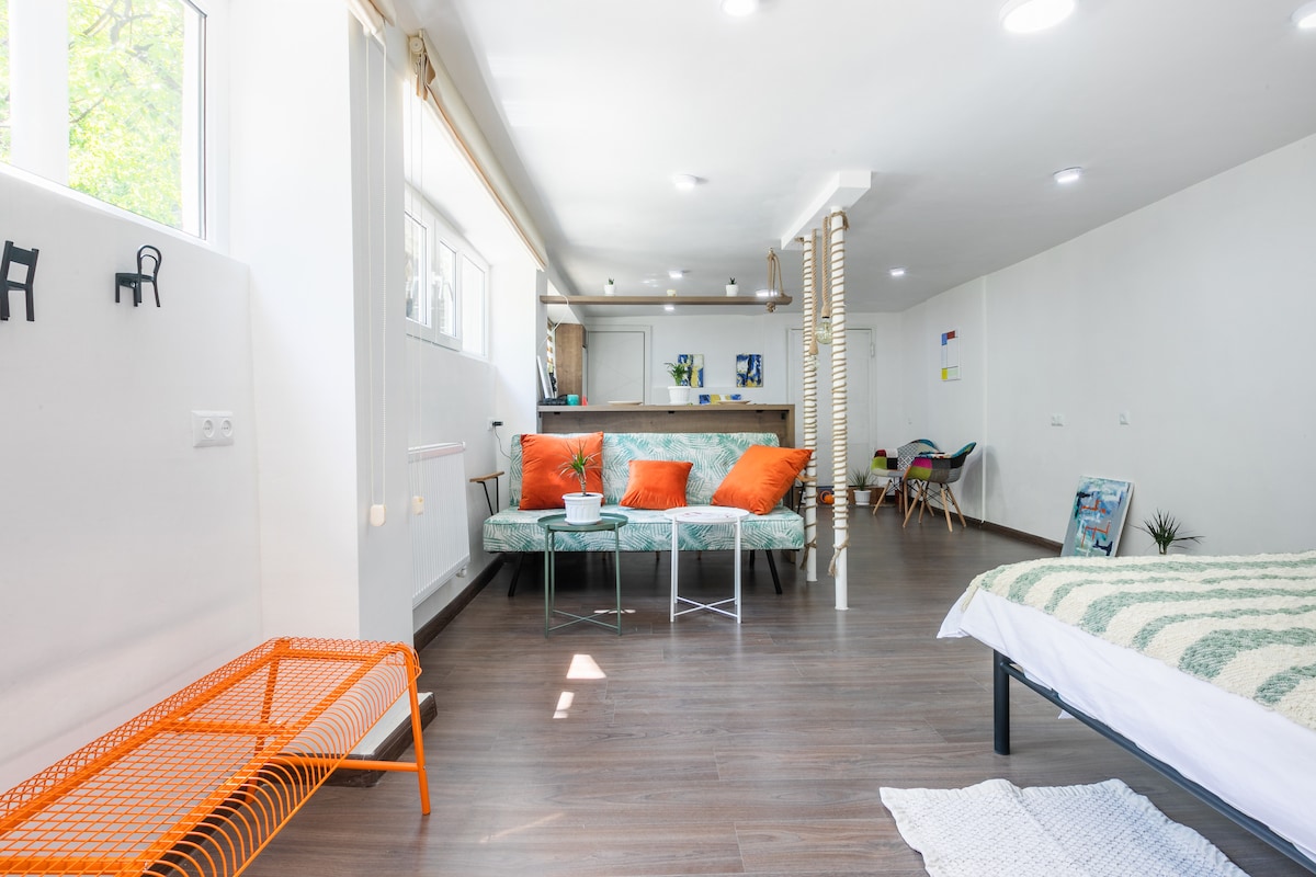 A bright and airy studio guesthouse is showcased, featuring a modern design with a cozy seating area. Orange accent pillows adorn a pair of chairs, while a glass-top coffee table is positioned in the center. The spacious layout is complemented by natural light from large windows.