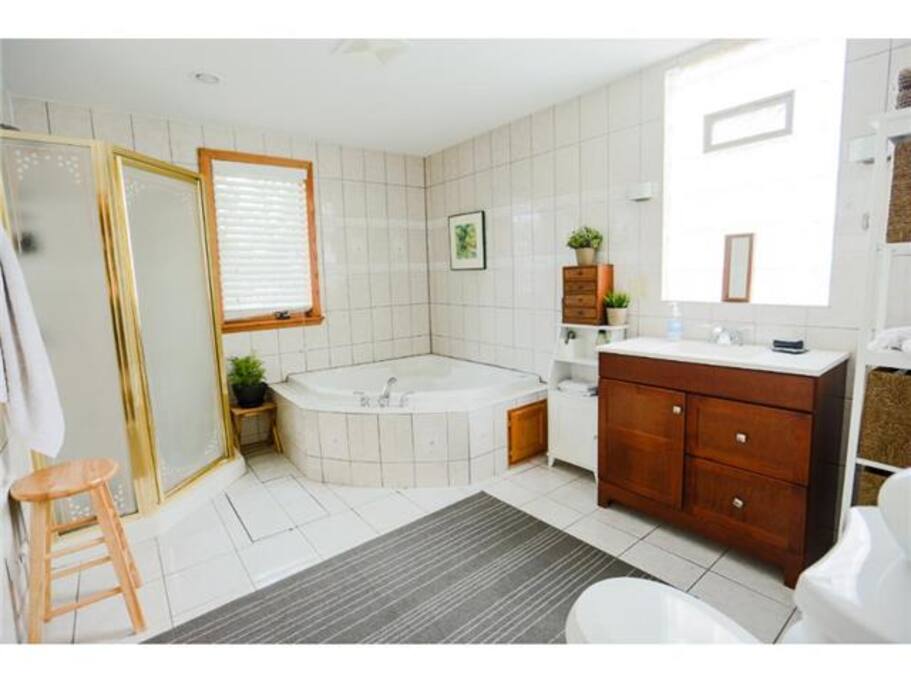 Luxury Bathroom comes equipped with natural bath products, a blow dryer and a bathtub ready for you to treat yourself!