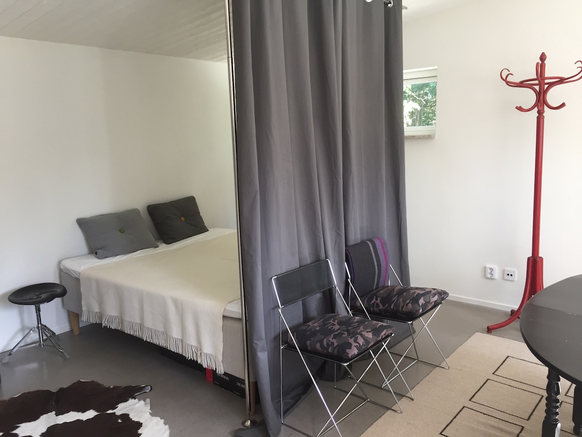 A spacious sleeping area is divided by a flowing gray curtain. A large bed features neutral-colored bedding and two decorative pillows. Two modern chairs are placed nearby, alongside a stylish coat rack, while a patterned rug adds texture to the floor.