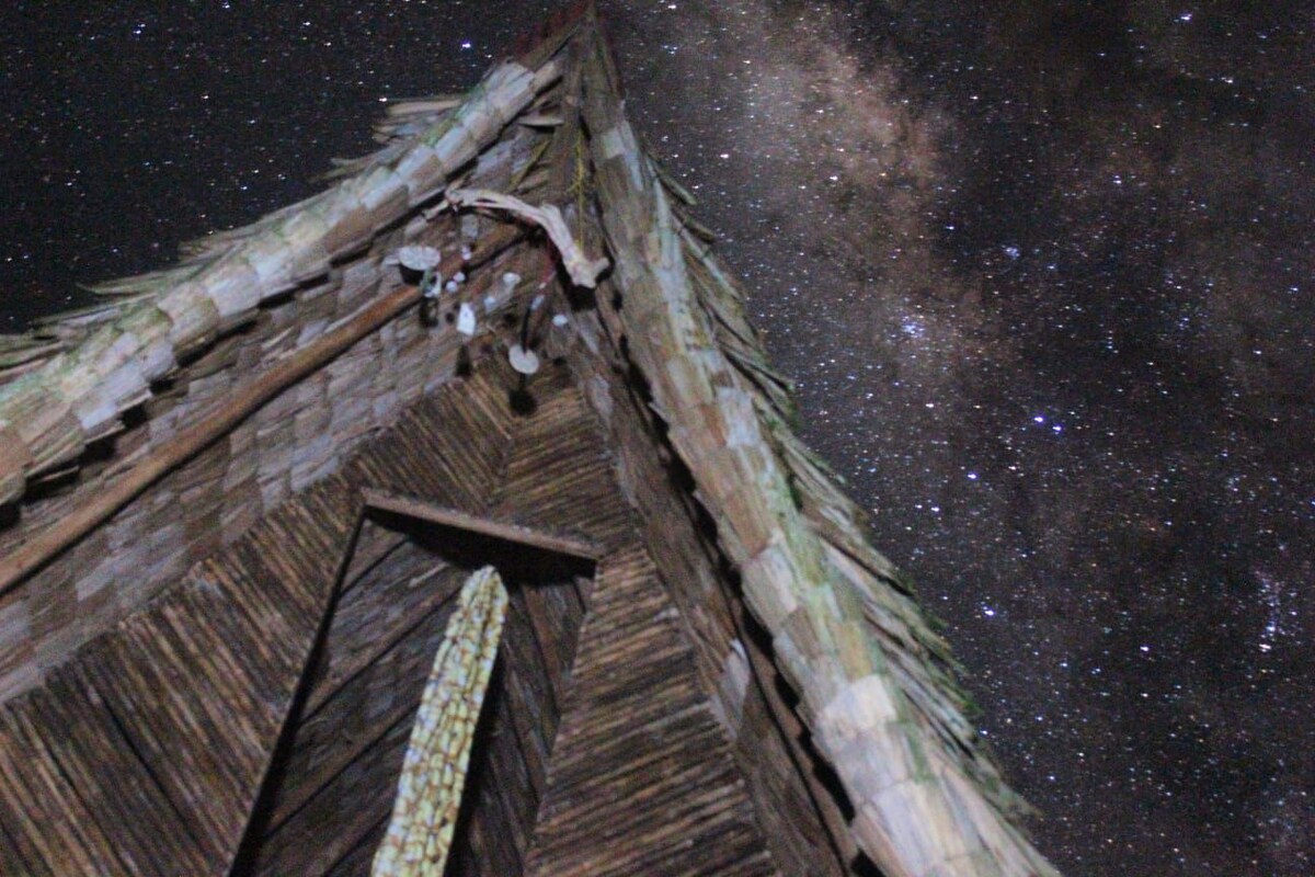 The triangular roof of the cabin is crafted from woven palm leaves, accentuating traditional architectural techniques. Above, a clear night sky is filled with stars and the Milky Way, creating a serene backdrop against the rustic wooden structure.