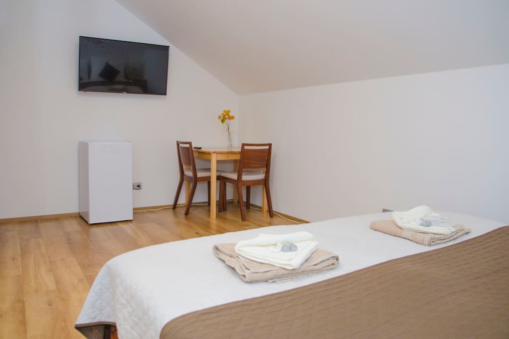 V pokoji je satelitní 4K UHD televize, vlastní lednička, stůl a dvě pohodlné židle. / SAT 4K UHD TV, dedicated fridge, table with two cozy chairs