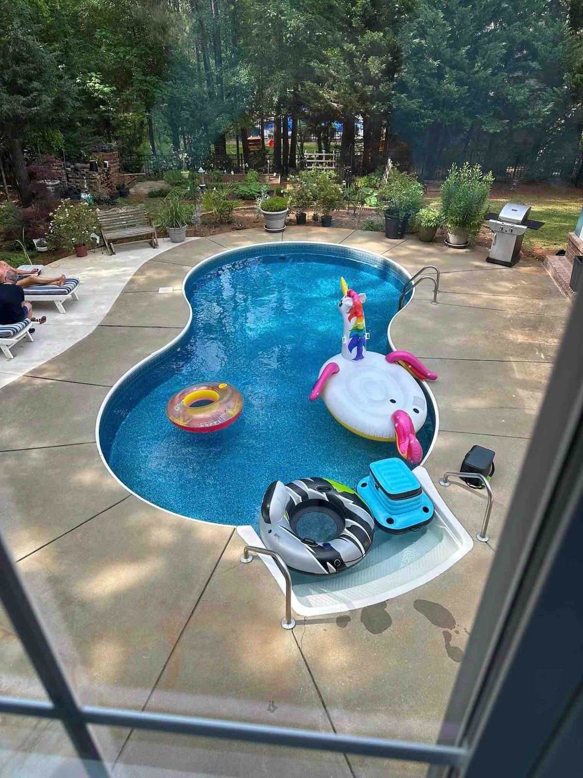 A shaped swimming pool is surrounded by a deck with several lounging chairs. Colorful pool floats, including a unicorn and a ring, are visible in the water. Lush greenery lines the background, providing a natural setting.